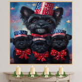 Black Affenpinscher Mother and Puppies in Patriotic Outfits with Starry Night Background and Red White and Blue Top Hats on Ready to Hang 1.5" Thick Canvas Wrap, Floating Framed Canvas, Flat Rolled Canvas